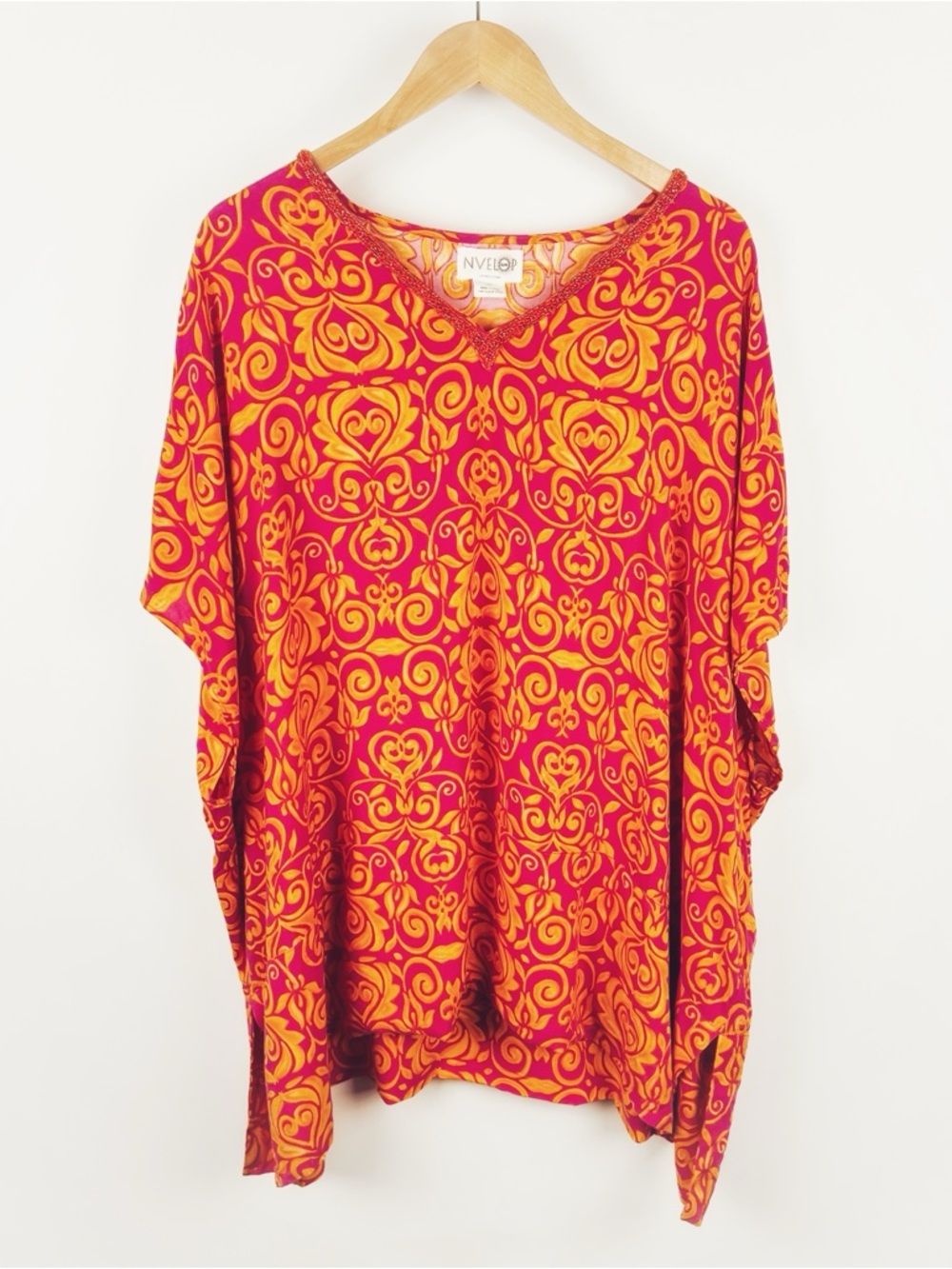 NVELOP V-Neck Tunic Cover Up UV Protection Pink Orange Scroll Print Size L/XL